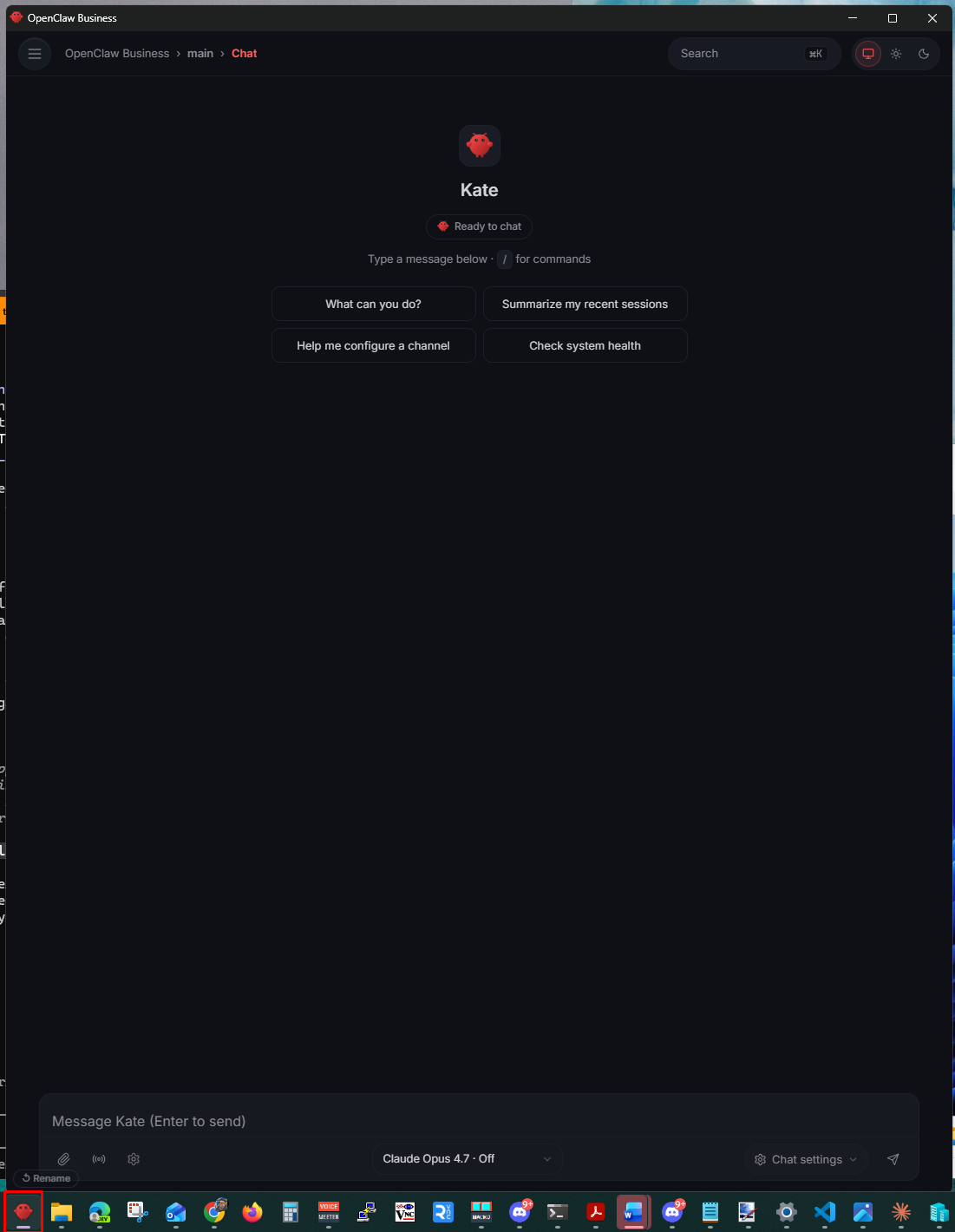 The OpenClaw chat window open in the bottom-right of the screen